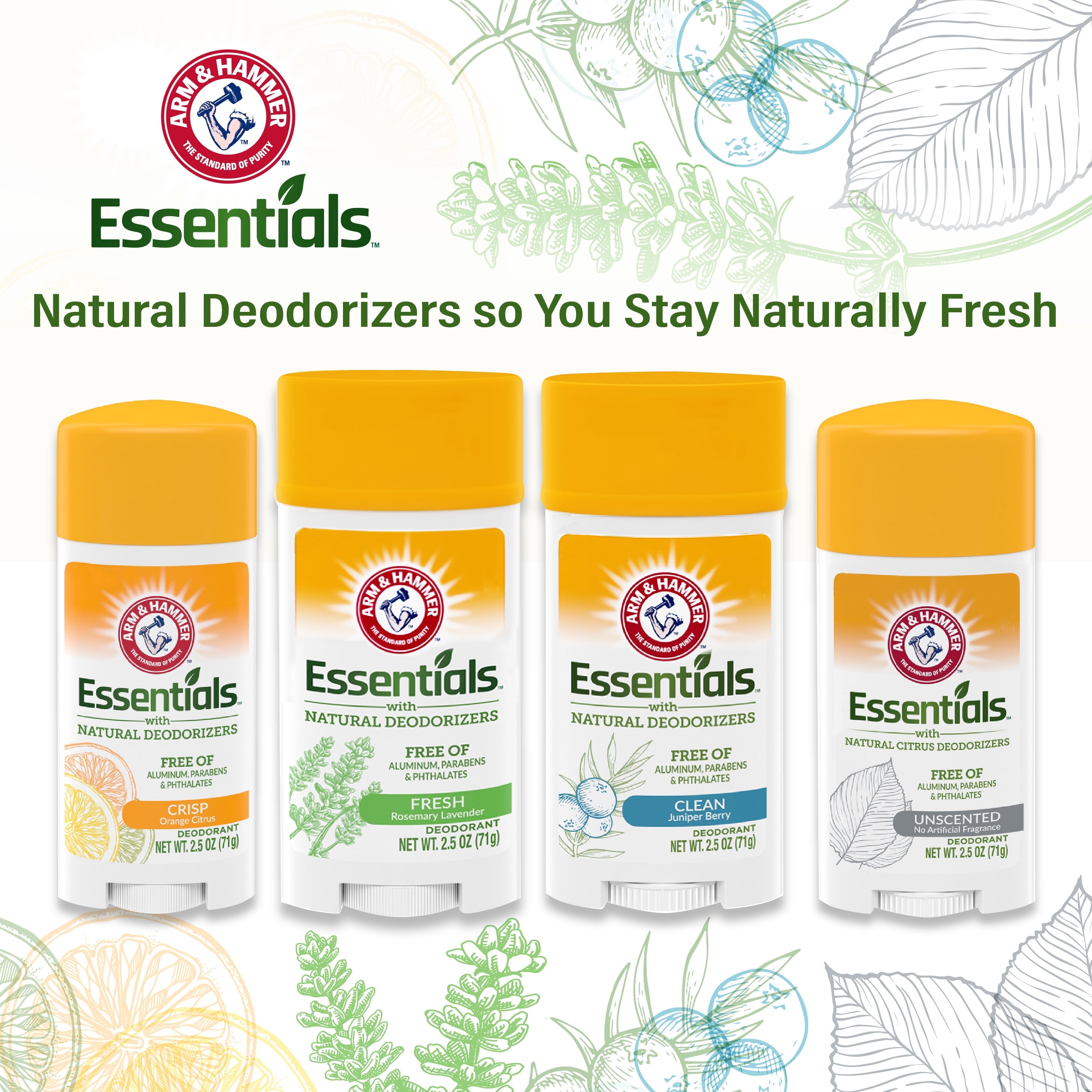 ARM & HAMMER Essentials Deodorant- Unscented- Solid Oval- 2.5oz- Made with Natural Deodorizers- Free From Aluminum, Parabens & Phthalates