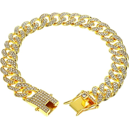 Chain Collar for Dog Diamond Cuban Link Dog Collar 13mm Wide Pet Cuban Style Collar Metal Cat Chain Pet Crystal Collar Jewelry Accessories for Small Medium Large Dogs Cats (10 Inch  Gold)