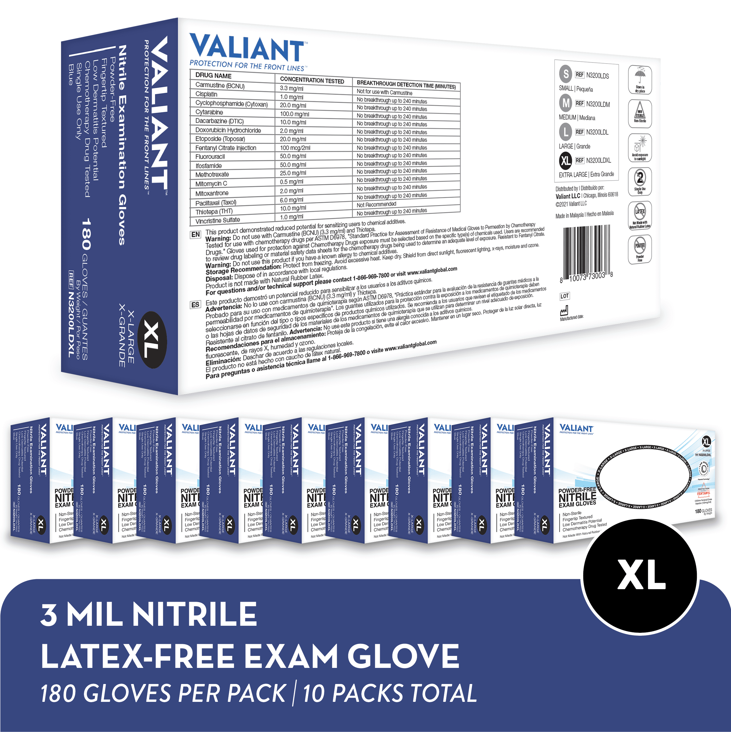 Valiant N3200LD Nitrile Exam Gloves, Single Use Only, Fingertip Textured and Accelerator Free, Berry Blue, Extra Large, 180 Per Box, 10 Boxes