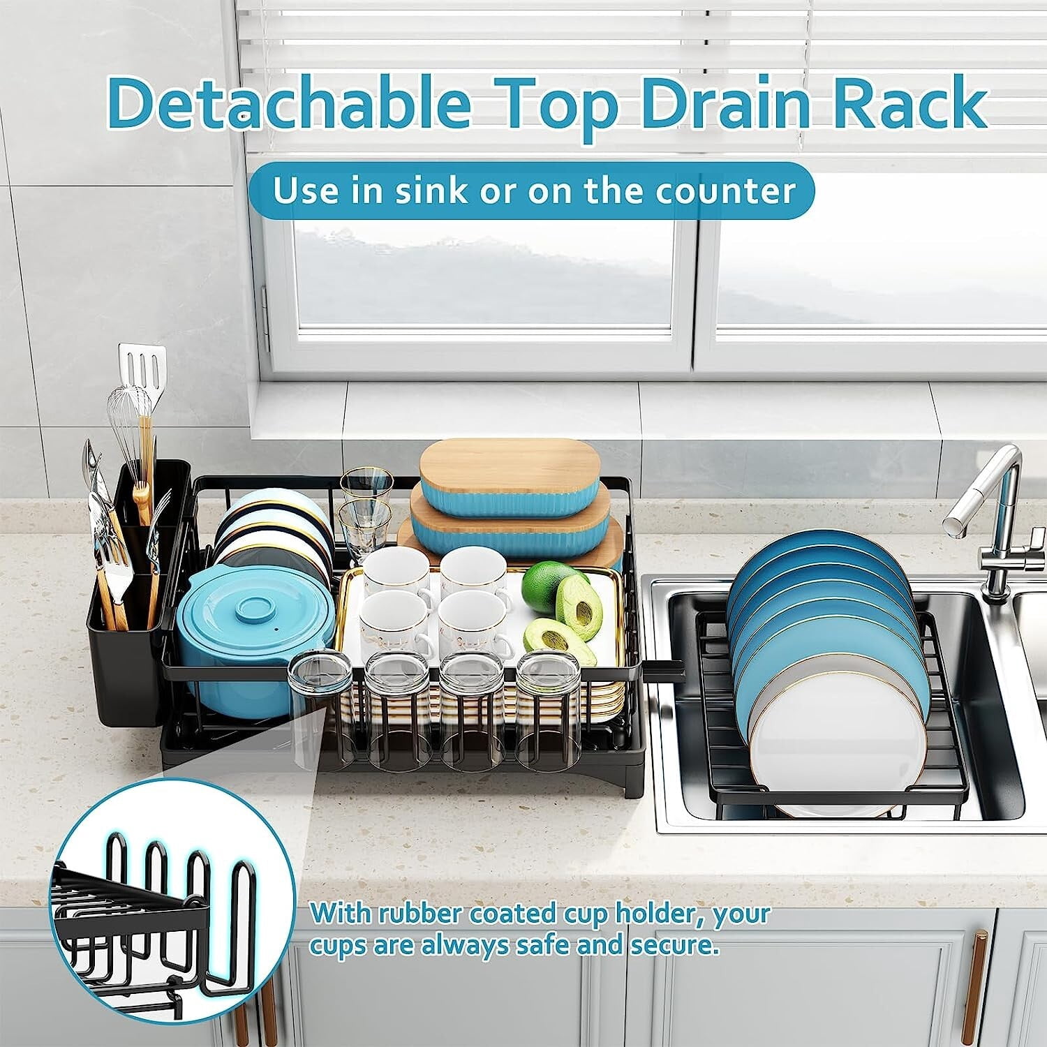2 Tier Dish Drying Rack with Drain Board, Carbon Steel Countertop Dish Drainer for Kitchen Sink, Free Standing Black Dish Rack for Plates Bowls Cups Utensils