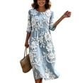 thumbnail image 3 of VBVC Women's and Women's Plus 3/4 Sleeve Midi Dress, Summer Casual Crew Neck Dress For Women, Ladies' Loose Fit Floral Dress with Pockets,Light Blue,S-5XL, 3 of 7
