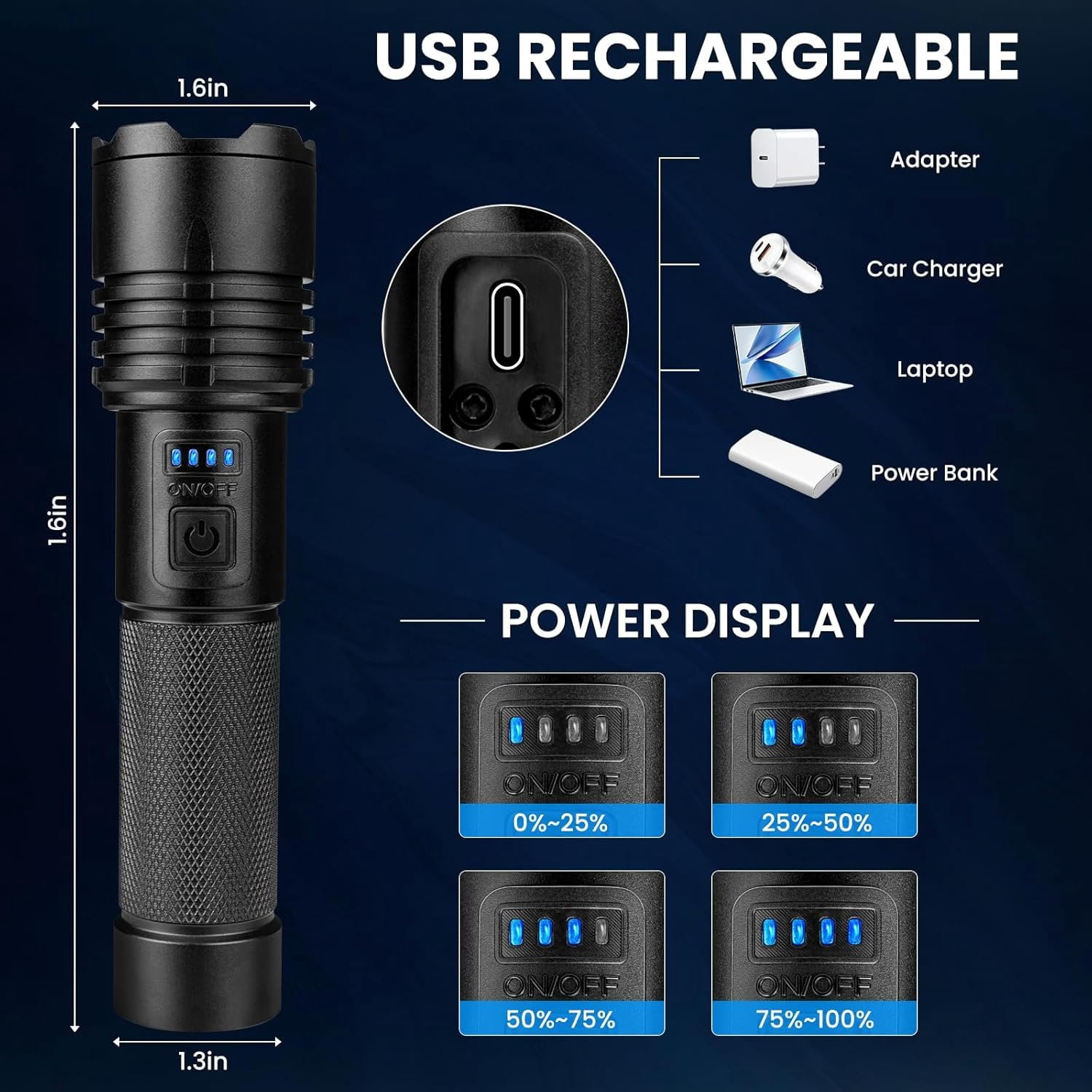 Rechargeable LED Flashlights High Lumens, 990,00 Lumen Super Bright Flashlight with 5 Modes,   Handheld Flash Light, Multifunctional Flashlight for  Camping Hiking