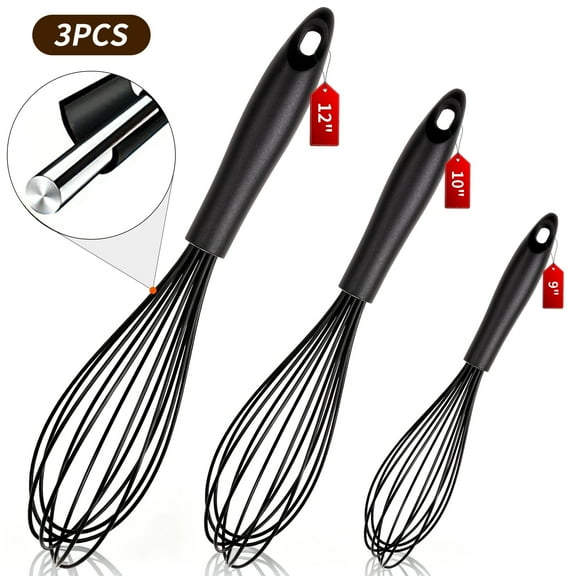 Silicone Wire Whisk, MOJINO Egg Beater Set of 3, Non Scratch Stainless Steel Kitchen Whisks for Cooking, Blending, Beating, Frothing, Stirring