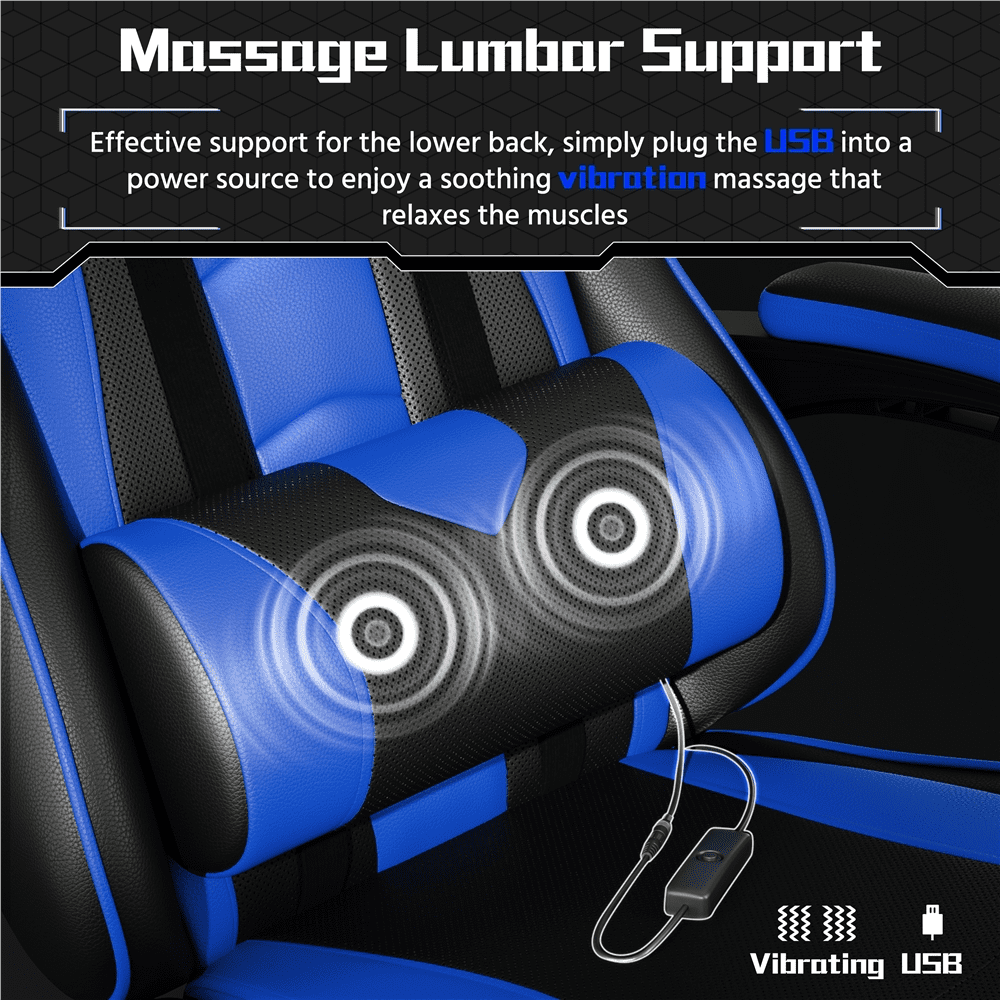 Alden Design High Back Reclining Ergonomic Gaming Chair with Slide Out Footrest, Black/Blue