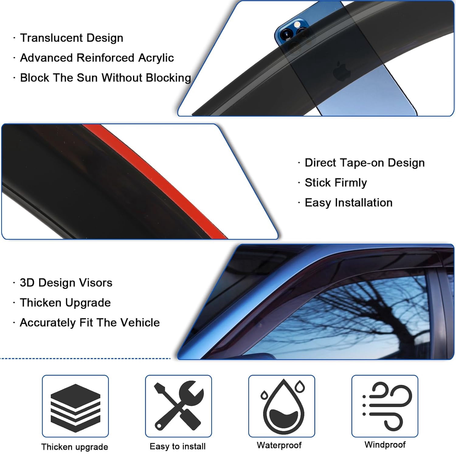 PANGOLIN 4Pcs Car Window Visors Fits for 2016-2021 Honda Civic 4-Door Sun Wind Deflector Rain Vent Window Visors Deflectors