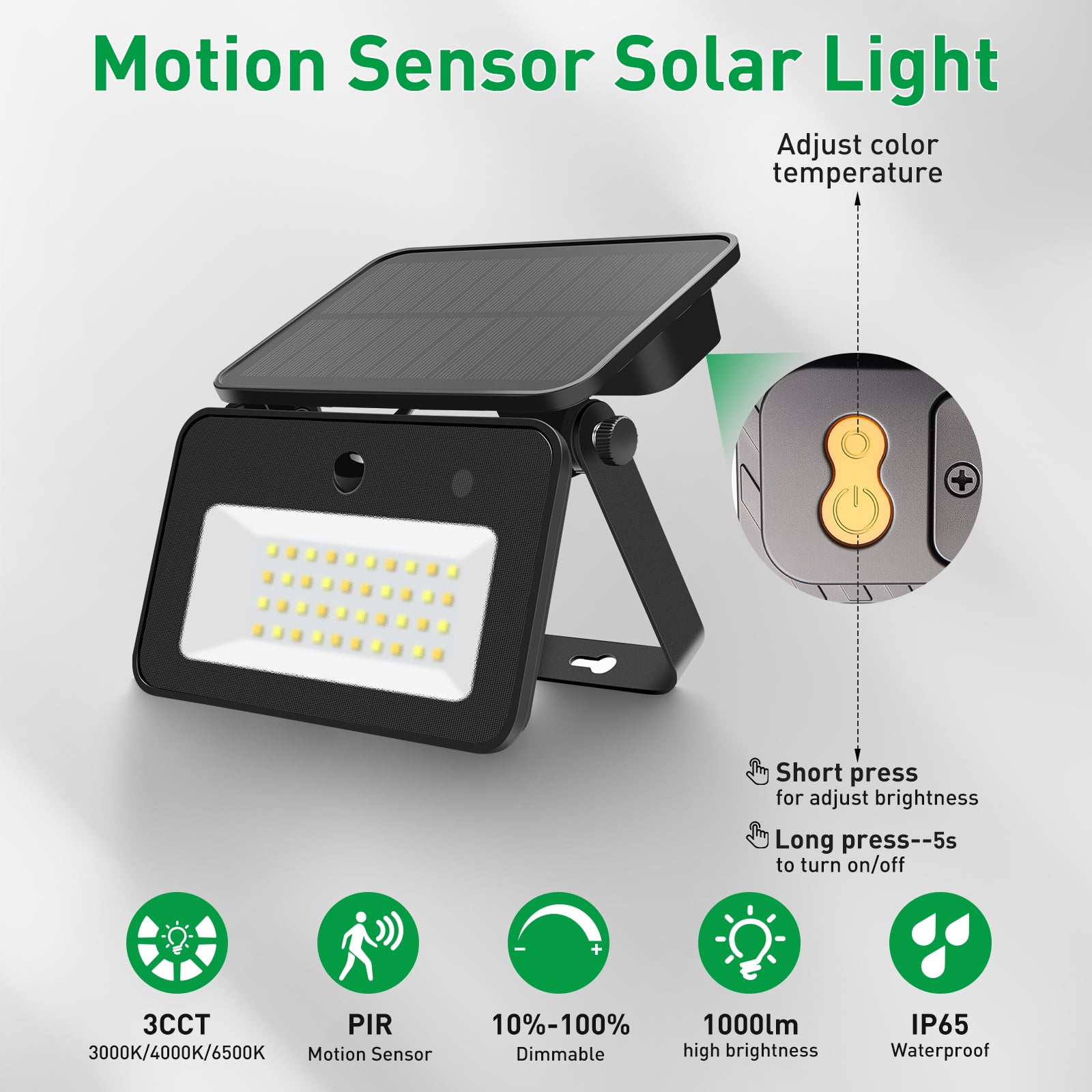 ALUSSO LED Solar Security Lights Outdoor 1000LM, Motion Sensor Flood Lamps with Remote Control, Dimmable&3CCT 3000K/4000K/6500K, 2 pcs for Garden Yard