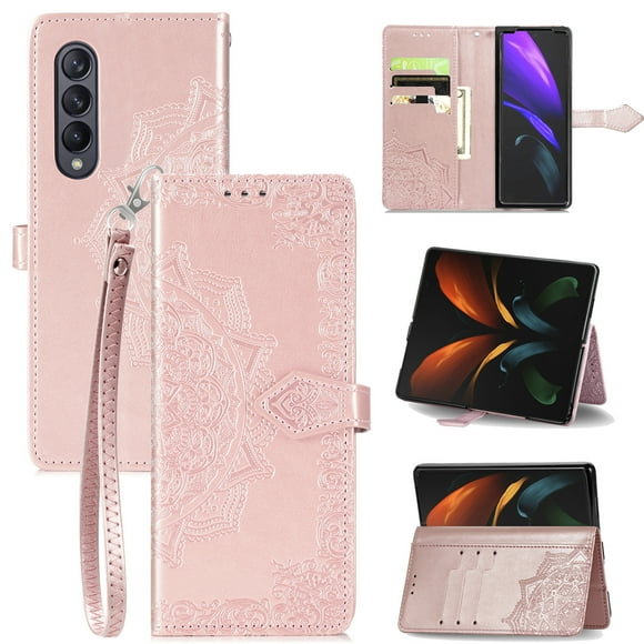 For Samsung Galaxy Z Fold 3 Wallet Case,Embossed Leather Folio Flip with Wristlet Shockproof Protective Card Slots Holder Cover