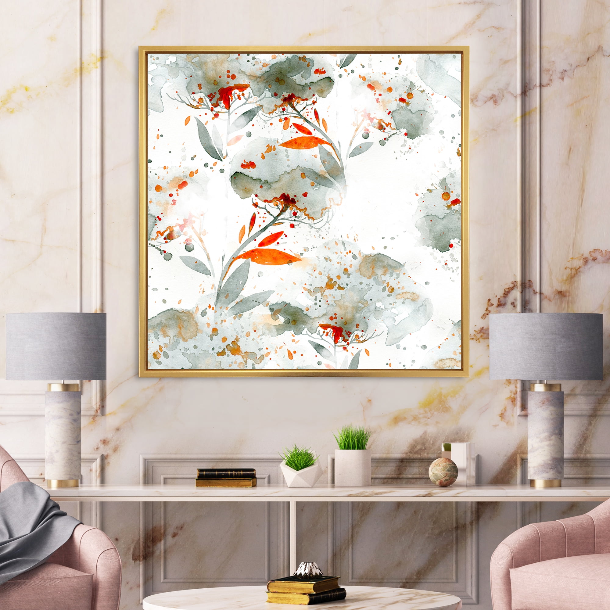 Orange and Green Wildflowers I 16 in x 16 in Framed Painting Canvas Art Print, by Designart