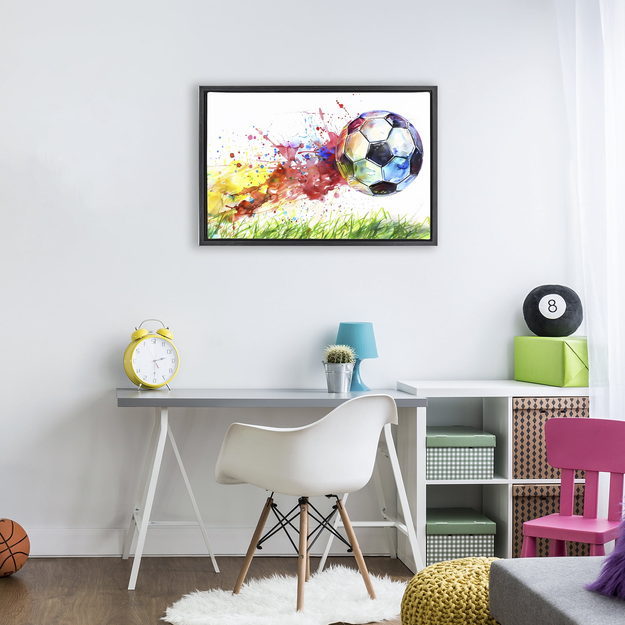 Stupell Industries Watercolor Soccer Ball in Motion Black Framed Floater Canvas Wall Art, design by Creative Studio