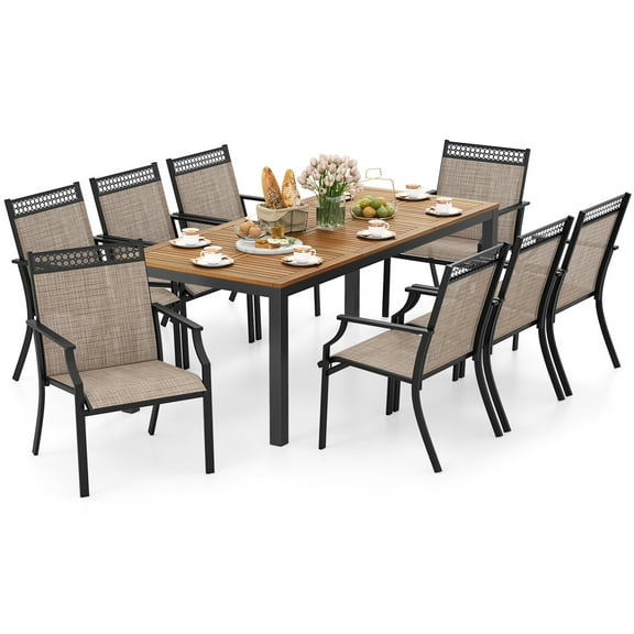 Gymax 9-Piece Outdoor Patio Furniture w/ Large Wooden Tabletop & Umbrella Hole