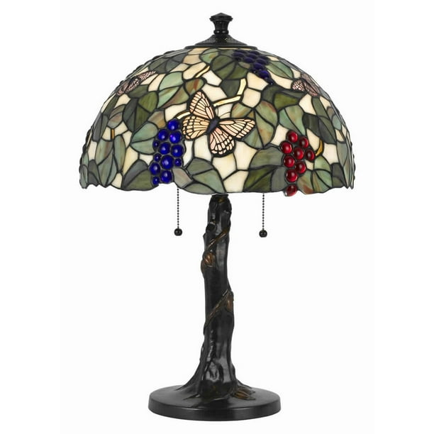 2 Bulb Tiffany Floor Lamp with Butterfly Design Shade, Multicolor