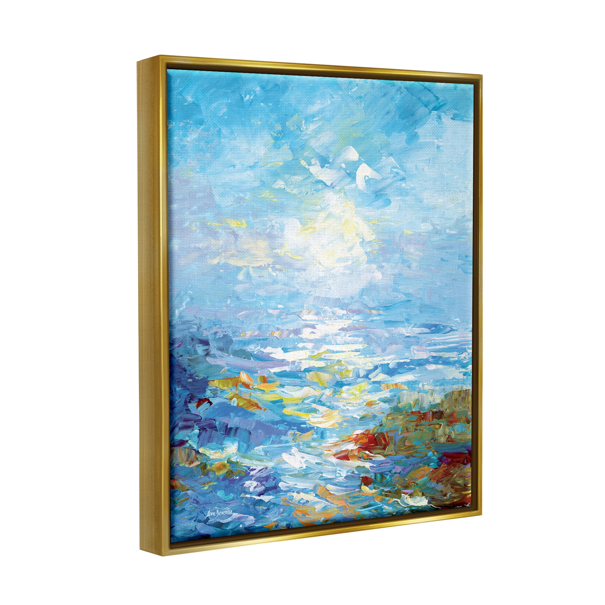 Stupell Industries Abstract Ocean Bliss Blue Landscape Painting Gold Floater Framed Canvas Art Print Wall Art, 17 x 21