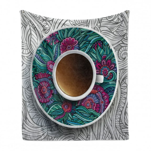 Coffee Soft Flannel Fleece Throw Blanket, Drink Herbal Tea Service Chat Happy Calming Time Floral Detailed Image Print, Cozy Plush for Indoor and Outdoor Use, 50" x 60", Multicolor, by Ambesonne
