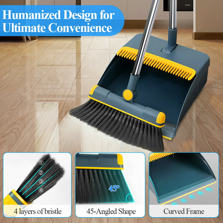 WiseWater Adjustable 50'' Broom and Dustpan Set with Comb Teeth, Upright  Stand Brooms and Dustpan for Bedroom and Kitchen, Stainless Steel, Dark  Blue 