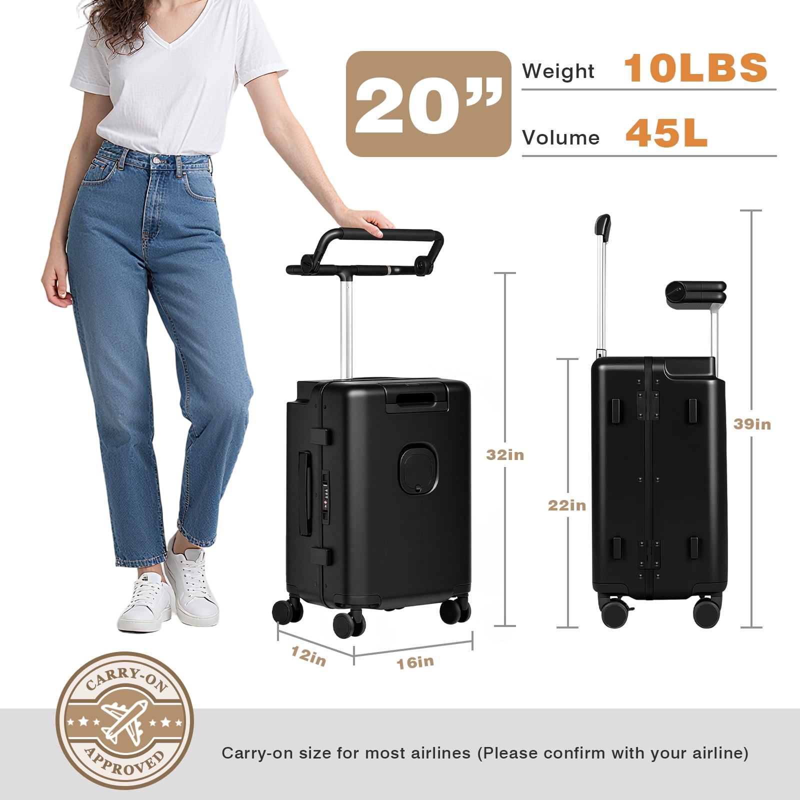 Advwin 20" Ride On Luggage with Foldable Seat, Cup/Tablet Holder, 6 PCs Packing Cube Set & TSA Lock, Hard Shell PC Spinner Travel Suitcase for Kids & Adults, Black