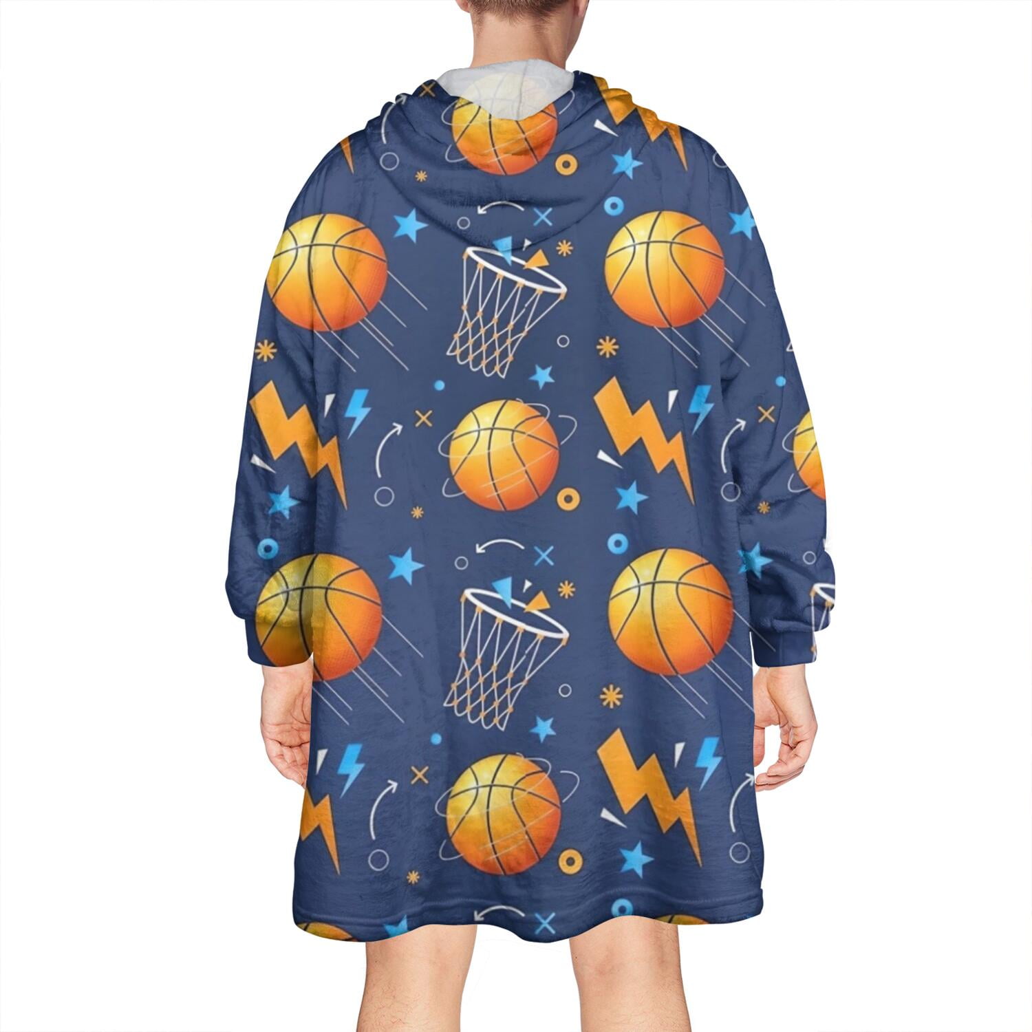 Basketball Theme Pattern Wearable Oversized Blanket,Wearable Blanket Hoodie for Adults,Cozy Hooded Blankets with Super Pockets,Super Warm Fuzzy Pullover for Women & Men