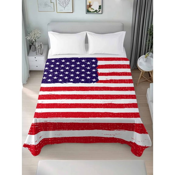 American Flag King Size Flat Sheet, Wrinkleproof & Fadeproof Cooling Flat Bed Sheet Only, Retro Rustic Stars And Stripes US Flag Breathable Soft Bedding Top Sheets 105 x 98 Inches