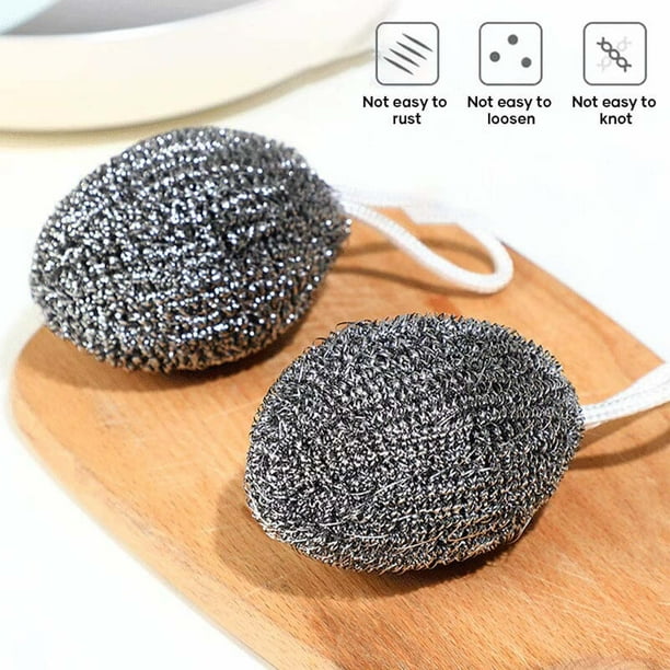 Raspador de acero inoxidable con cordón • Cepillo para platos de 2 • Limpieza de cocina de alta resistencia • Raspador metálico resistente al óxido