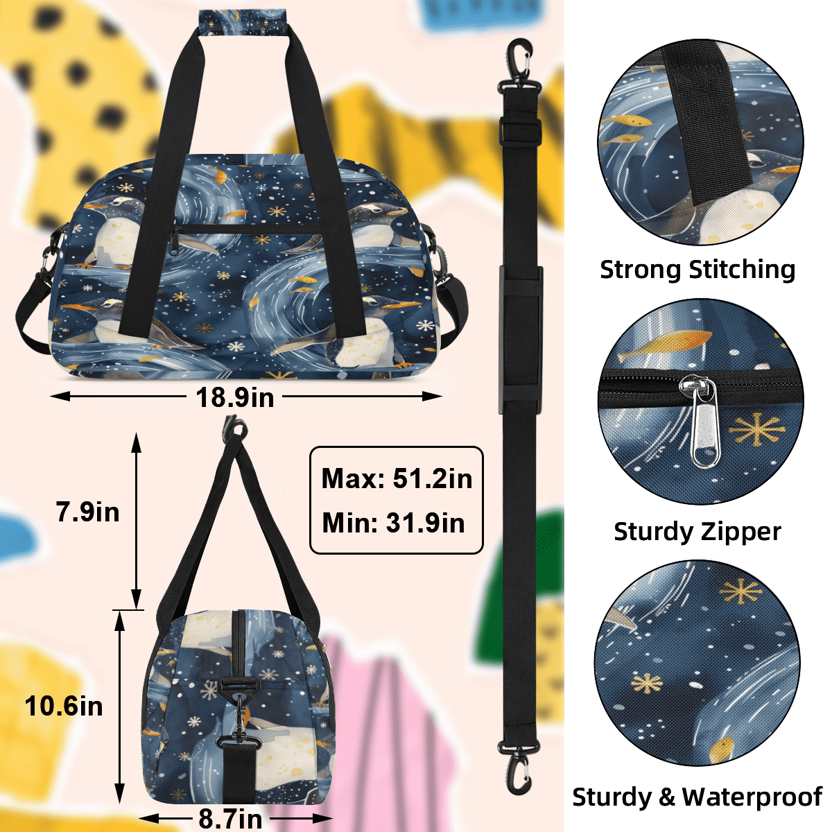 Herdesigns Cute Animal Penguin Sports Duffle Bag for Women & Men, Penguin Print Gym Bag Dance Bag Overnight Bag Carry On Weekender Travel Bag