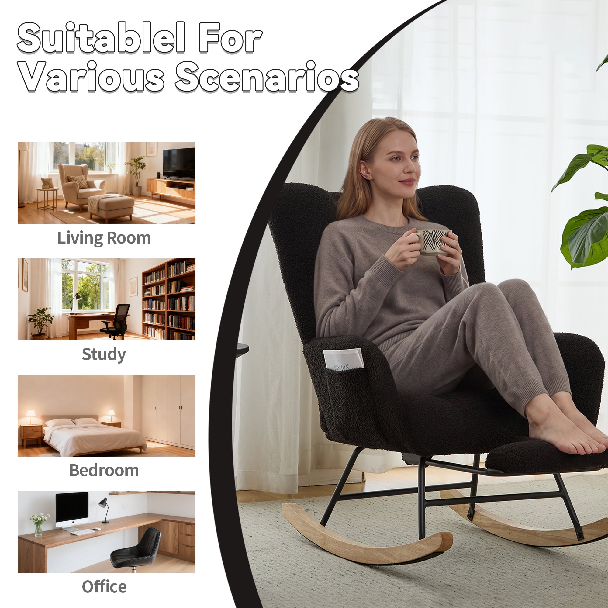 Leumius Nursery Rocking Chair with Footrest,Teddy Fabric Upholstered Glider Rocker Chair with High Backrest,Side Storage Pocket & Solid Wood Legs,Comfy Accent Chair for Living Room Bedroom,Black