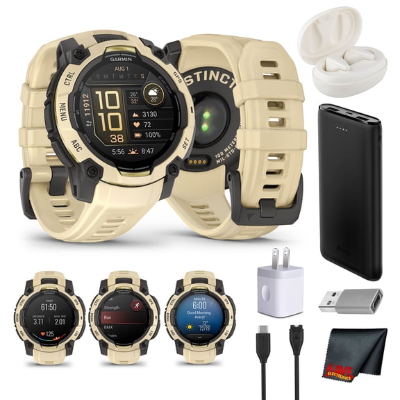 Garmin Instinct 3 - 45 mm, Rugged Outdoor GPS Smartwatch, AMOLED Display,18 Day Battery, Alpine Rush Collection Limited Edition Color, Citrine Bundle With Cleaning Cloth Wireless EarBuds More
