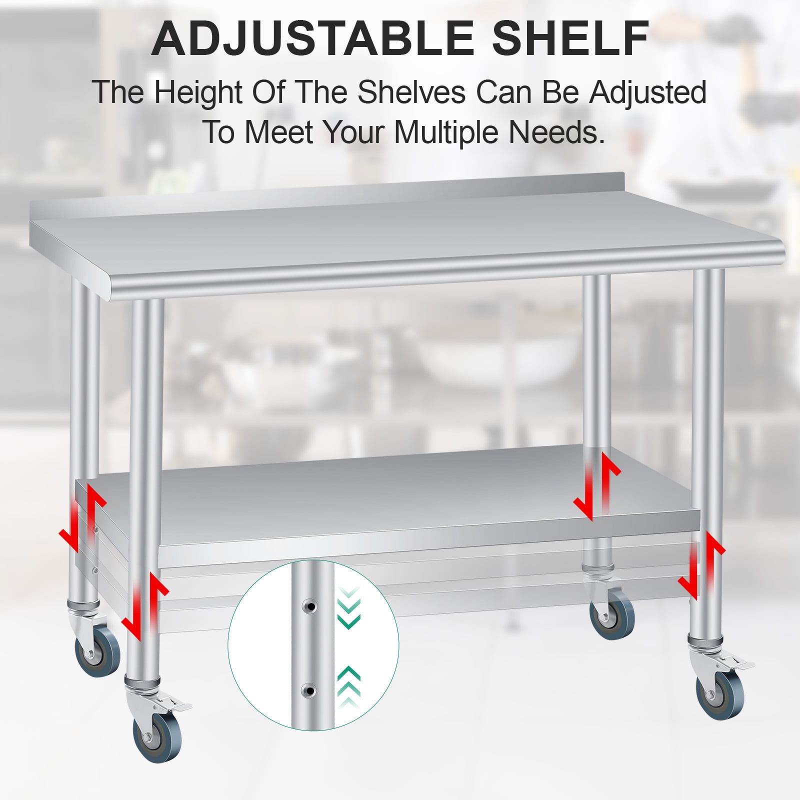 Gaderth Kitchen Prep Table, Prep Table With Storage, Heavy Duty Stainless Steel Kitchen Work Table With Backsplash And 4 Caster Wheels, Kitchen Utility Table, Metal Prep Table For Restaurant, Home