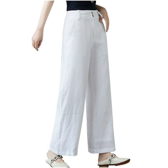 Timegard Cotton Linen Pants for Women Elastic High Waist Wide Leg Lightweight Fall Casual Loose Trousers