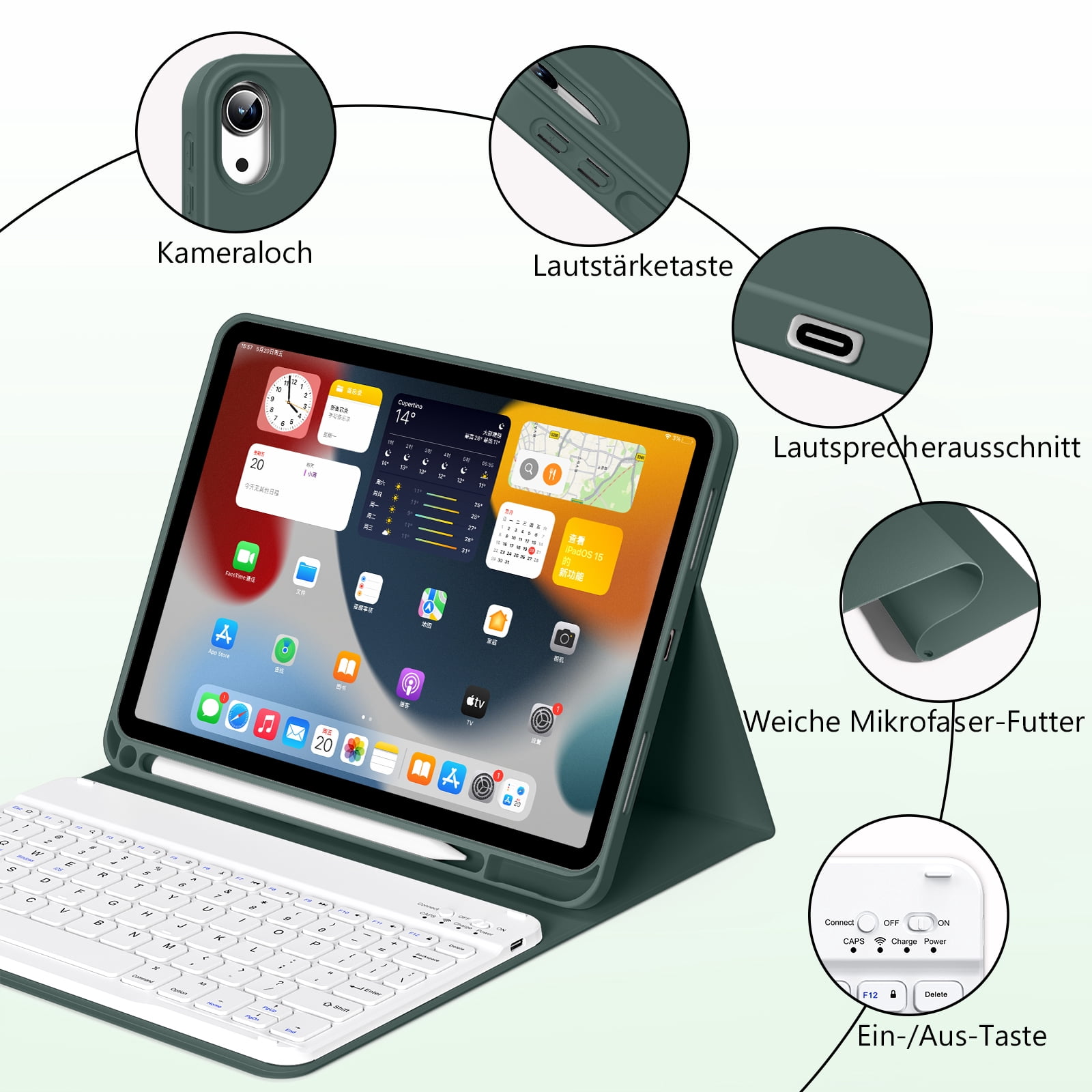 SZPSGC for iPad (A16) 11th Generation Case with Keyboard 11 inch 2025, iPad 10th Generation 10.9 inch Case with Pencil Holder, Multi-Angle Detachable Bluetooth Keyboard,Green