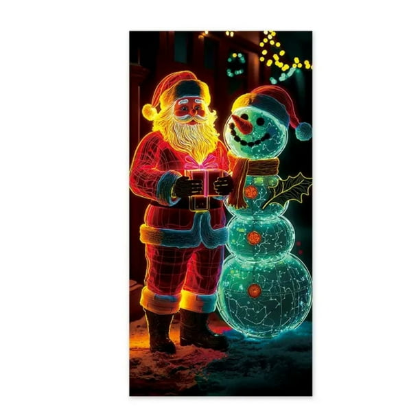 Portada de Puerta de Navidad de Color Fluorescente, Cover de Navidad con Santa y Árbol, Para Noche, Cover de Navidad con Luces, Cover de Navidad para Exterior, Cover de Navidad con Figuras de