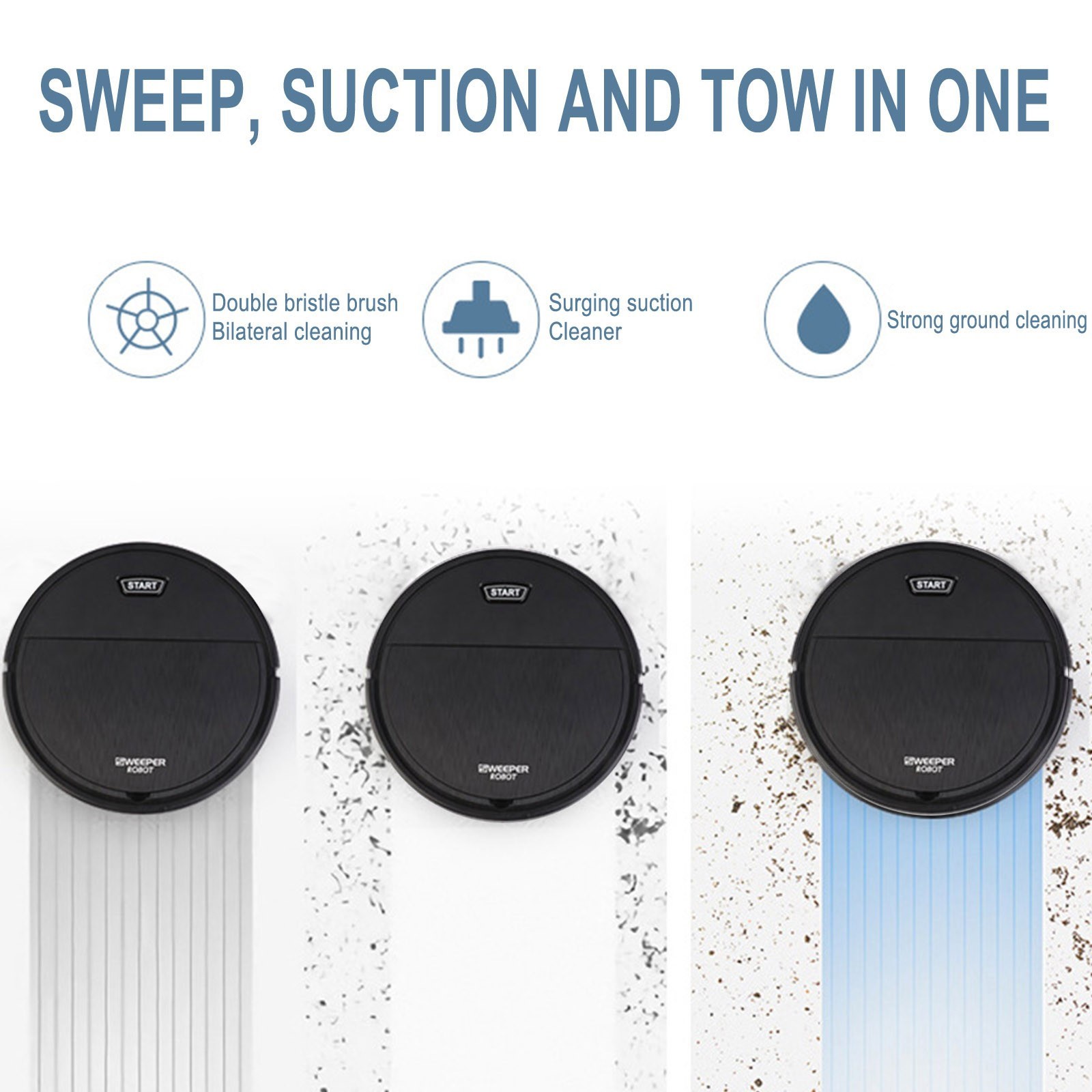 Robot Vacuum Cleaner, Rechargeable 2-in-1 Vacuum Cleaner, Powerful Upward Suction, One Click Start, Working Time of 90 Minutes, Suitable for Marble,Plank,Ceramic Tile(Black)
