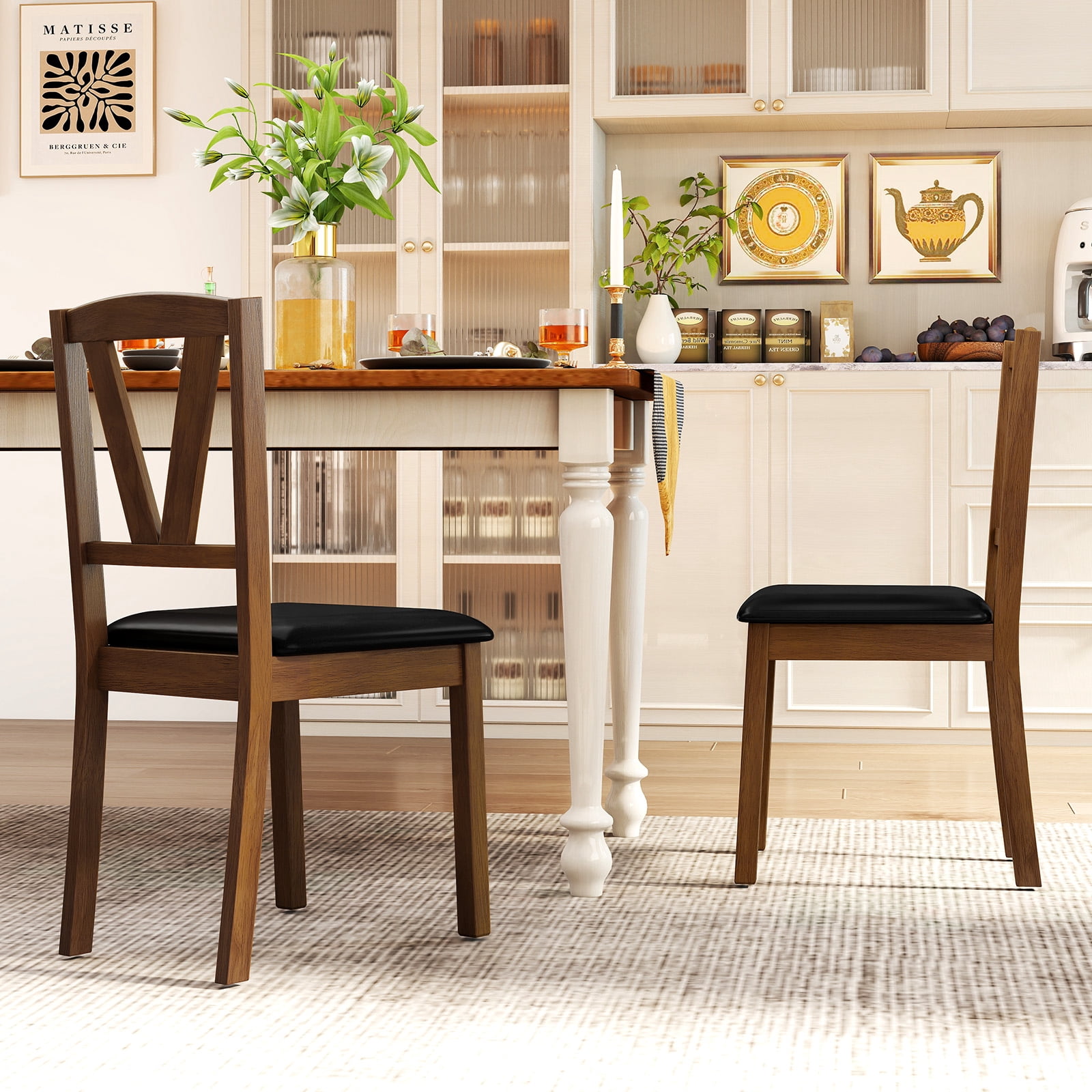 Costway Dining Chairs Set of 4 PU Leather Dining Room Chairs with Hollowed Backrests