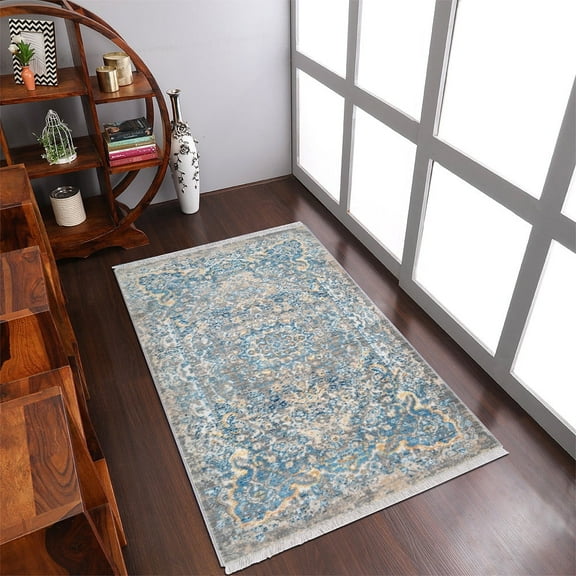 Rugsotic Carpets Machine Woven Crossweave Area Rugs - 6'X9', Rectangle,Gray Blue,Classic Oriental Traditional , Low Pile Machine Made Area Rugs For Living Room, Bed Room (M00100)