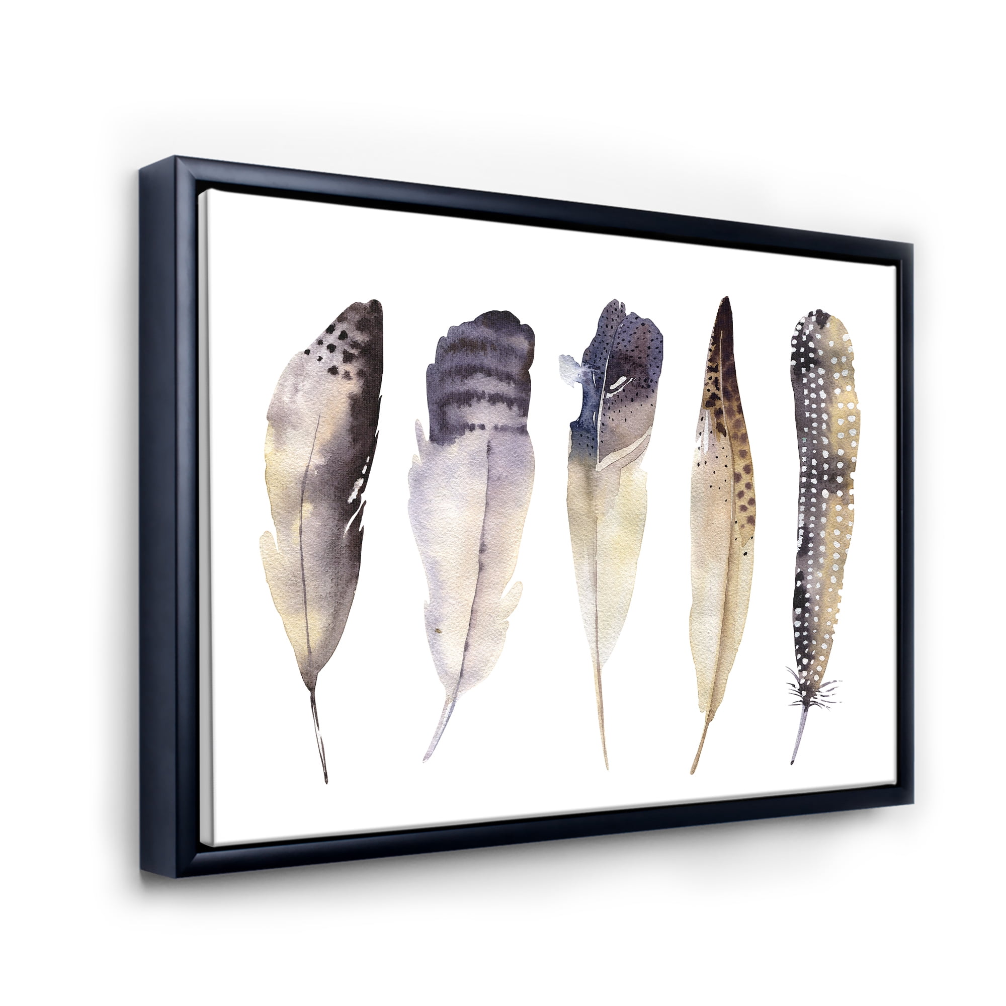 Designart 'Dark Gray Feathers Boho Ethnic II' Bohemian & Eclectic Framed Canvas Wall Art Print