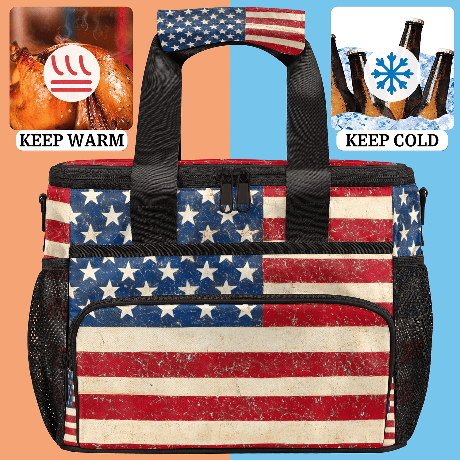 Herdesigns American Usa Flag Large Insulated Lunch Box for Adults Women Men with Adjustable Shoulder Strap, 4th July Independence Day Reusable Cooler Lunch Bag for Offices Picnic Hiking Beach