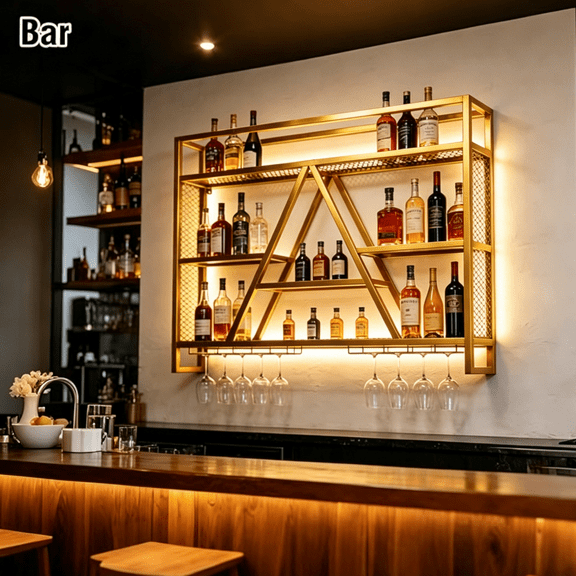 39.3IN Gold Wall Mounted Wine Rack with LED Light, Industrial Metal Liquor Display Shelf, Wall Hanging Bottle & Stemware Storage Rack for Home Bar, Kitchen, Restaurant Decor
