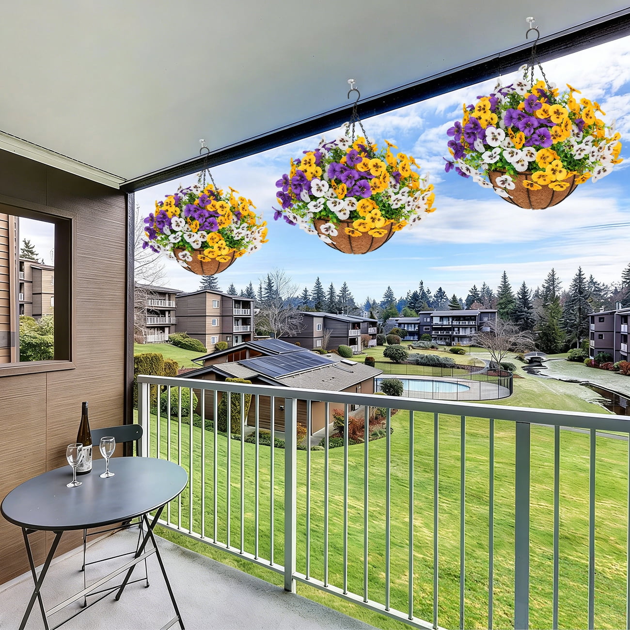 Artificial Hanging Flowers, 24 Pcs Set of Simulated Three Violet Flower Plants, with Coconut Shell Lined Basket, Suitable for Indoor and Outdoor Home and Outdoor Garden Decoration in Spring and Summ