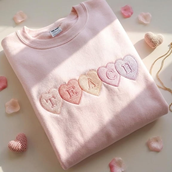 Embroidered TEACH Sweatshirt, Conversation Hearts Teacher Crewneck, Valentine’s Day Teacher Gift, Pink School Sweater, Teacher Appreciation