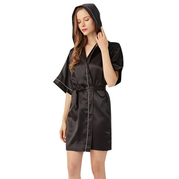 TSADFHJI Cotton Sleeveless Nightgowns Women Women's Hooded Silk Robes Satin Kimono Robe Short Silky Bathrobe Bridesmaid Wedding Party Sleepwear M Black
