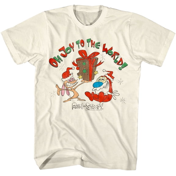 Ren and Stimpy Oh Joy to the World Men's T Shirt (Ivory, AdultS)