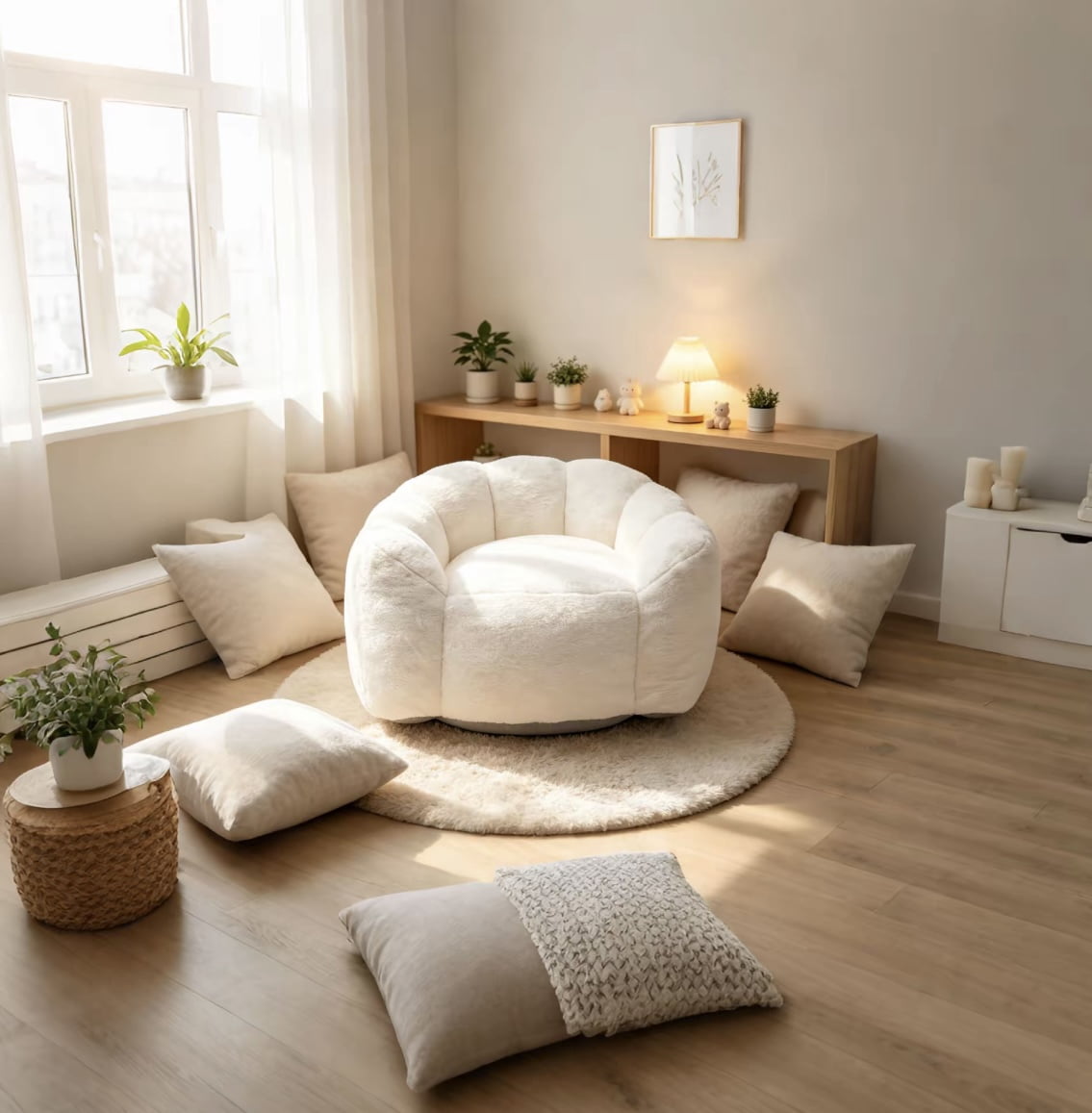 Leumius Cloud Lazy Sofa Chair,Velvet Bean Bag Chair,Comfortable Floral-Shaped Lounger Lazy Sofa for Bedroom/Living Room/Gaming,Beige White