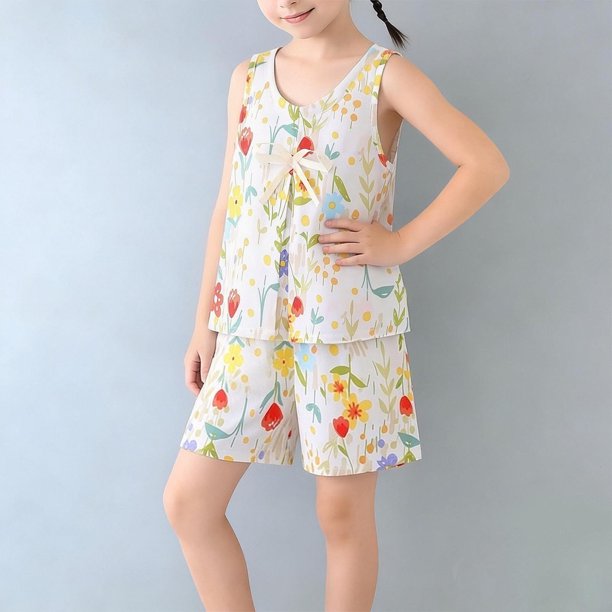 Conjuntos de camiseta sin mangas de cuello redondo para niños, traje fino de verano para niñas, conjunto de dos piezas de camiseta sin mangas y pantalones cortos, ropa de casa, conjunto de algodón par