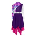 thumbnail image 1 of inlzdz Kids Girls Lyrical Praise Dance Dress Color Block Printed Worship Robe Metallic Irregular Purple 10, 1 of 5