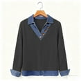 thumbnail image 5 of Trendy Long Sleeve Tops for Women with Denim Jean Patchwork Button Lapel V Neck Casual Spring Fall Sweatshirt (L, Dark Gray), 5 of 7