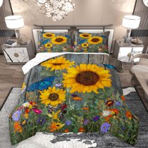 Homewish Chic Floral Sunflower Full Size Comforter Sets 3-Piece for Female Men Adults,Flying Blue Butterflies Bedding Comforter Set,Retro Lodge Cabin Lightweight Bedding Sets,Ultra Soft Home Decor