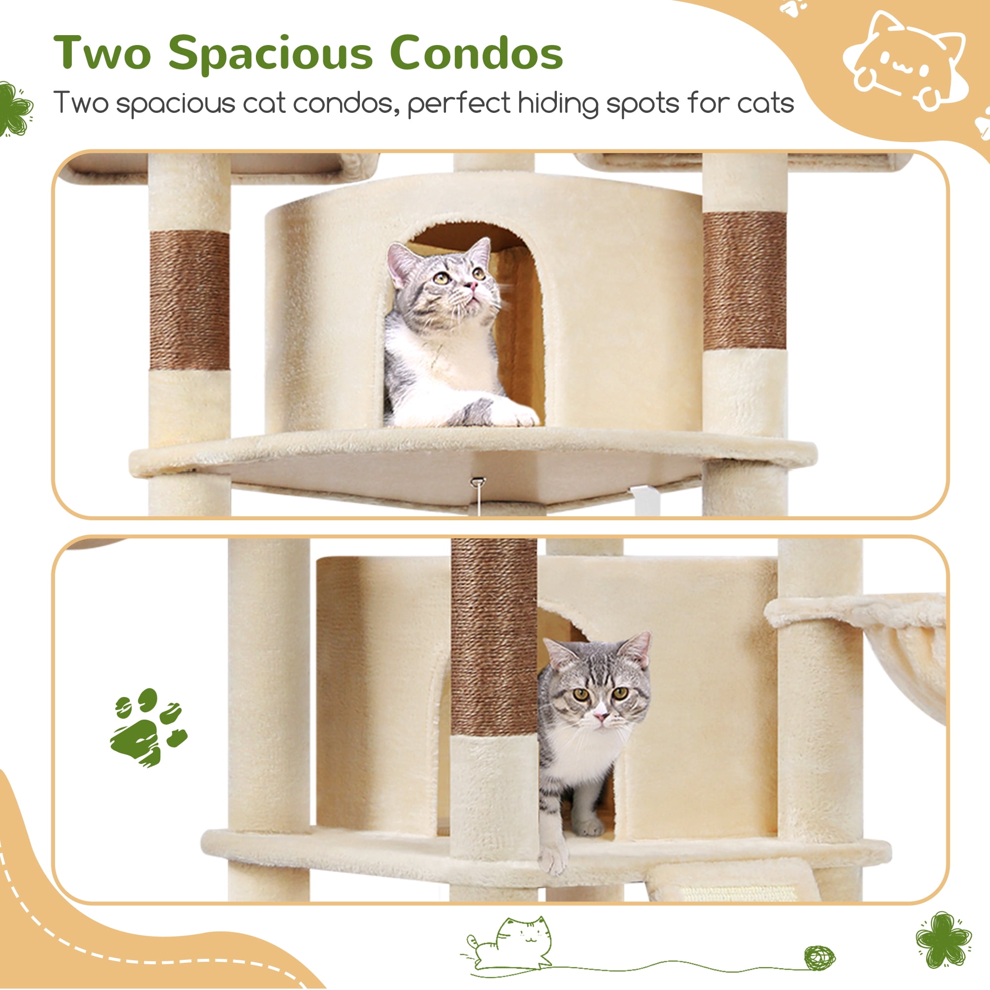 Globlazer 80in Heavy Duty Cat Tree for Large Cats, Multi-Level Cat Furniture Activity Center with 2 Condos,Hammocks,Perches & Sisal Scratching Posts,Beige