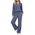 thumbnail image 3 of AnuYalue Women's 2 Piece Sets Outfits Casual Long Sleeve V Neck Sweatsuits Tops Wide Leg Pants Matching Sets, 3 of 9