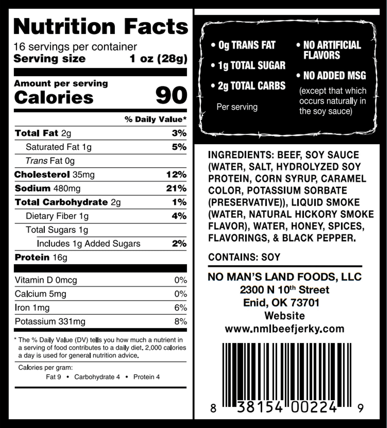 No Man's Land Beef Jerky, Black Pepper, 16g of Protein per Serving, 16oz Bag