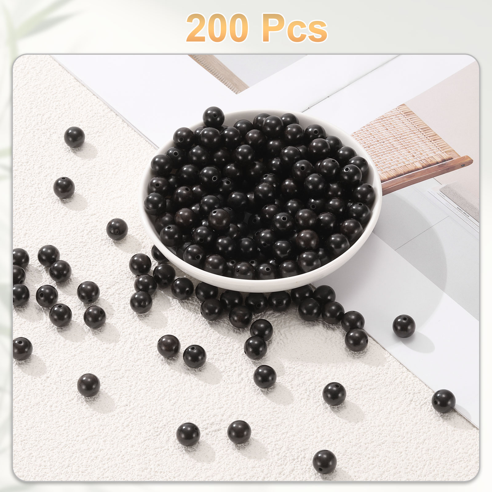 Uxcell 200pcs Natural Wooden Beads 10mm Black Sandalwood Round Polished Loose Bead Smooth Spacer Balls Beading for Jewelry Making Bracelets Necklace Earrings Craft DIY