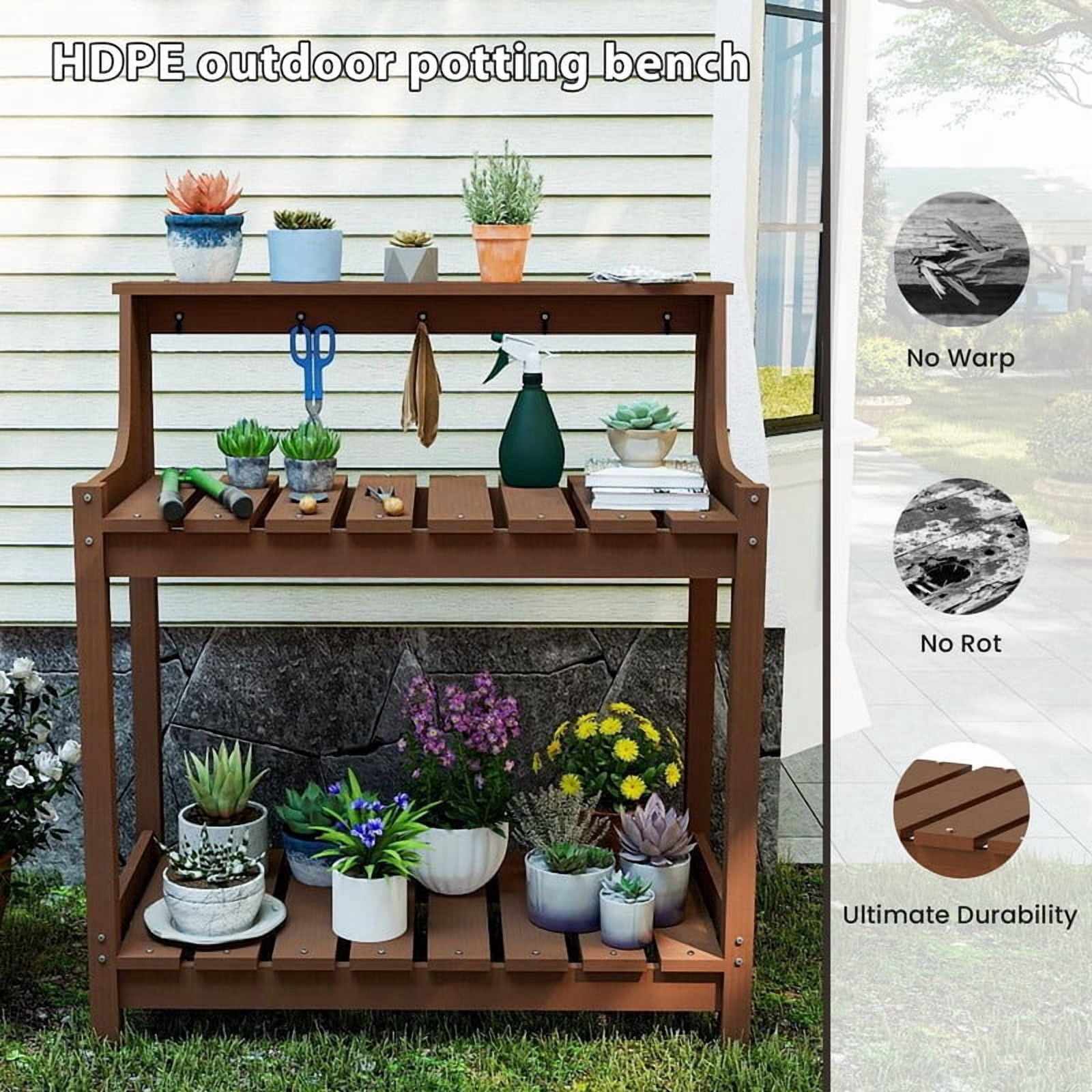 Howcool HDPE Outdoor Potting Bench with Storage & Hooks, 3-Tier Heavy-Duty Garden Workstation Table, All-Weather Potting Table for Patio & Backyard, Brown