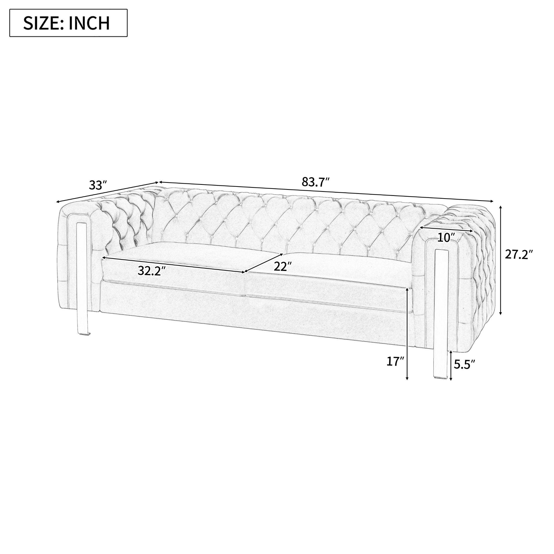 Christopher Knight Home Chic Velvet 3-Seat Sofa, Button Tufted Couch, Metal Legs, Green